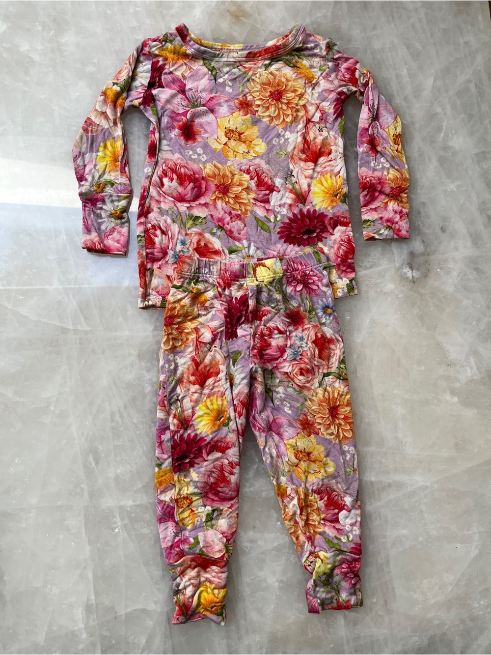 Posh Peanut Girls Floral Long Sleeve Pajama Set - Pink, Yellow & Purple